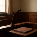Kursi saksi kayu di ruang sidang pengadilan dengan mikrofon dan berkas di atasnya