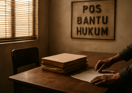 Meja konsultasi di kantor bantuan hukum dengan tumpukan berkas perkara