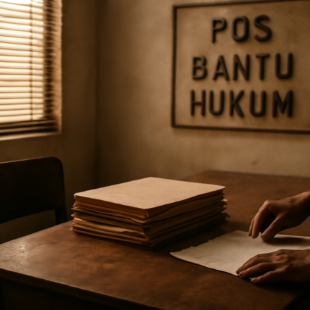 Meja konsultasi di kantor bantuan hukum dengan tumpukan berkas perkara