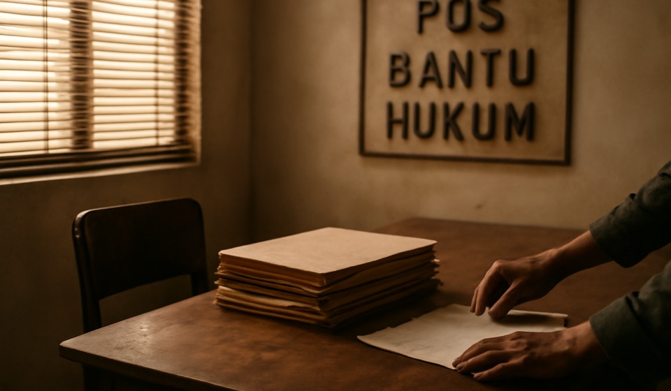 Meja konsultasi di kantor bantuan hukum dengan tumpukan berkas perkara